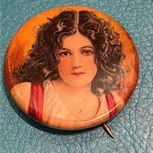 ANTIQUE Celluloid Pinback Victorian Lady Pin ~ Cracker Jack The Early Years